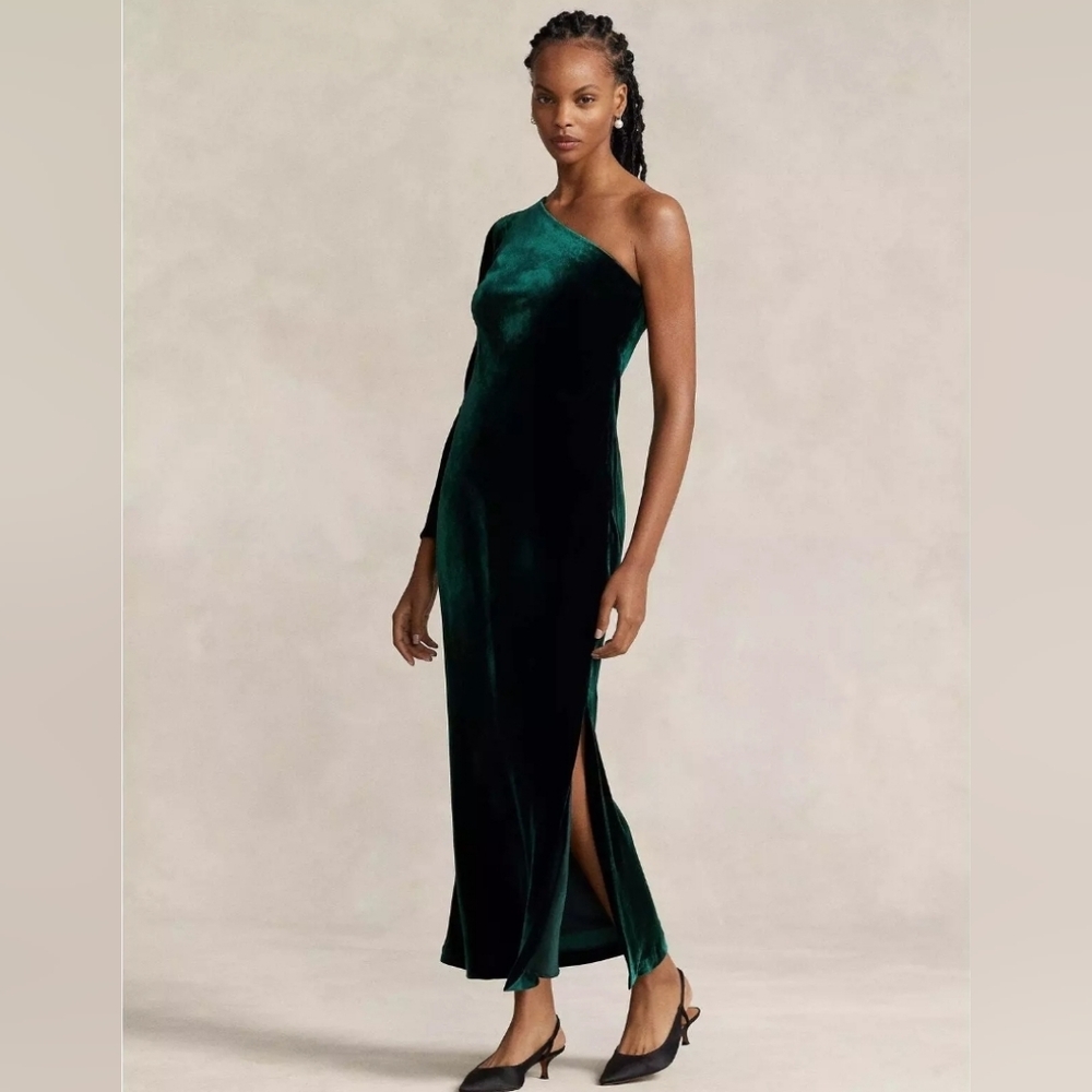 DRESS Polo Ralph Lauren Green Velvet One-Shoulder Women evening party dress sz10
